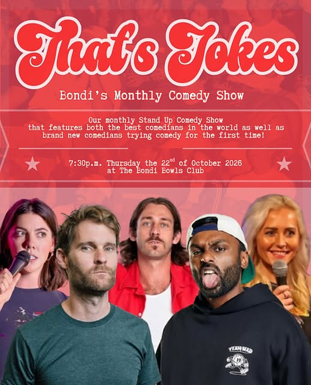 That's Jokes poster: Bondi's monthly comedy show, with five comedians